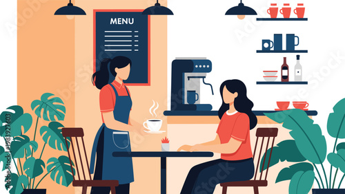 Professional waitress serves a steaming cup of fresh coffee to a female customer in a modern cafe with plants and a menu board.