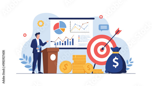 Financial consultant presents investment growth charts and target objectives next to piles of gold coins and a large money bag.