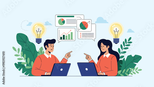 Collaborative team discusses new business ideas and data insights with laptops and floating lightbulbs representing innovation.
