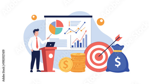 Corporate executive delivers a presentation on financial prosperity featuring investment targets, money bags, and rising charts.
