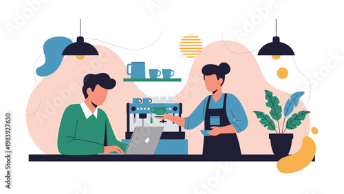 Male freelancer works on his laptop while a professional barista prepares a specialty coffee drink at a modern cafe counter.