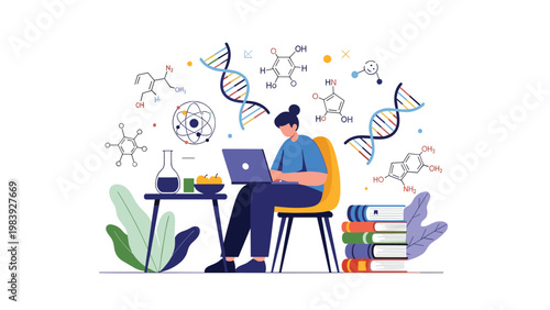 Science student studies complex chemical formulas and DNA structures while working on a laptop at a desk with academic books.