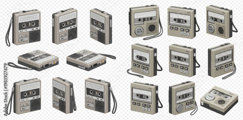 Set of vintage portable cassette players and recorders, retro audio devices in various angles, isometric vector illustration.