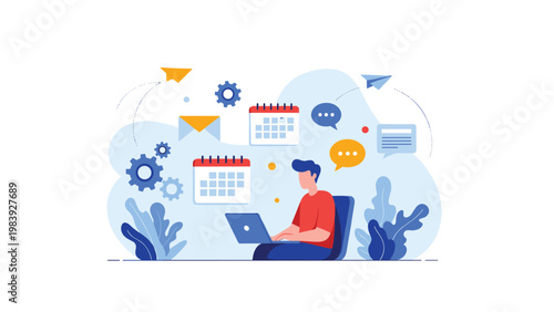 Busy professional manages his time and tasks using a laptop with floating calendars, gears, and message icons on a blue background.