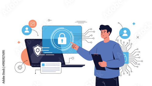 Security expert points at a digital padlock icon on a laptop screen representing advanced data protection and cyber safety tools.