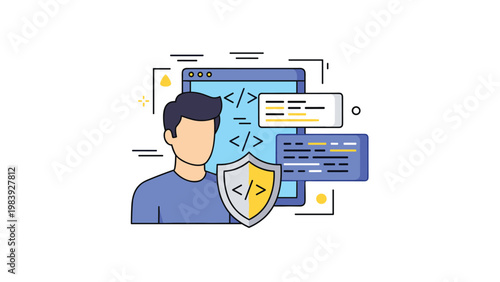 Professional software developer stands in front of a screen with code snippets and a shield icon representing secure programming.
