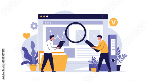 Quality assurance team uses a large magnifying glass to inspect website data, charts, and file folders on a computer screen.