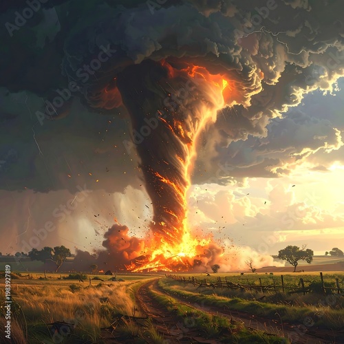 A fiery tornado rips through a rural landscape