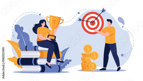 Successful professionals celebrate their achievements with a gold trophy, bullseye target, and stacks of money near academic books.