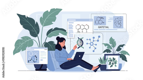 Woman scientist works on a laptop surrounded by digital chemical formulas and DNA structures in a modern laboratory setting.