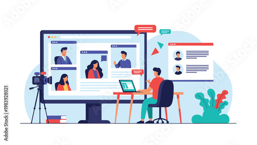 Man participates in a group video conference call from his home office to collaborate with remote team members.