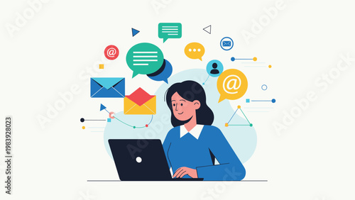 Young professional woman manages her digital communication and social media strategy while working on a laptop computer.