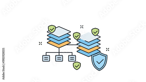 Network security illustration features multiple database layers protected by green shield icons to ensure data privacy.