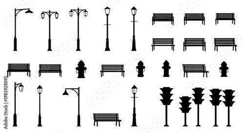 collection of black silhouettes of streetlights benches hydrants and traffic lights