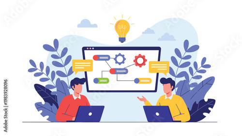 Two innovative coworkers brainstorm new ideas using a digital workflow chart and a glowing lightbulb for inspiration.