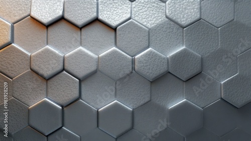 beveled metallic hexagonal tile surface with textured faces, subtle warm highlights and a sleek futuristic calm atmosphere
