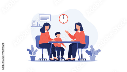 Family meeting features two women and a young child sitting at a blue table for a counseling or education session.