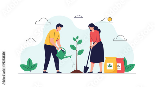 Gardeners cooperate to plant a young tree in the park using a shovel and watering can to promote green living.