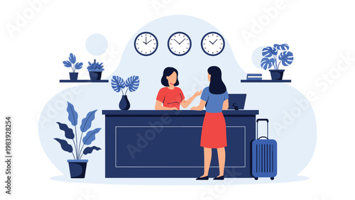 Professional hotel receptionist assists a female traveler at the lobby desk with check-in procedures and luggage.