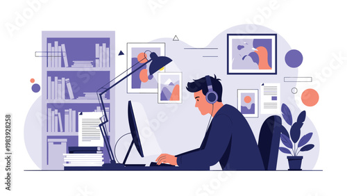 Focused student works on a computer in a home library filled with books and personal photos for academic research.