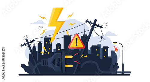 Stylized vector illustration depicts a power outage in a city skyline with broken utility poles, a visible electrical plug, and a bright yellow lightning strike against a clean white