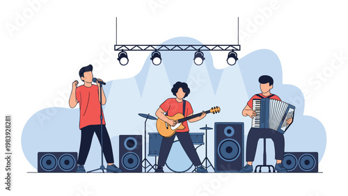 Musical band performs a live concert on stage with a singer, guitarist, and accordion player under bright lights.