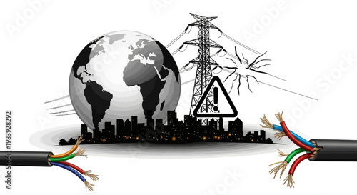 Illustration showing an electrical hazard with exposed wires against a backdrop of a stylized globe and power lines, conveying a cautionary mood about global energy risks and electrical