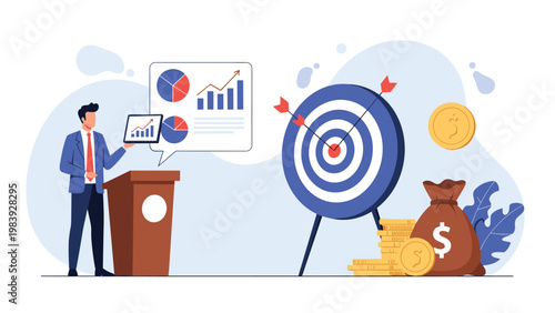 Business speaker presents financial growth data and investment targets at a podium using a digital tablet and charts.
