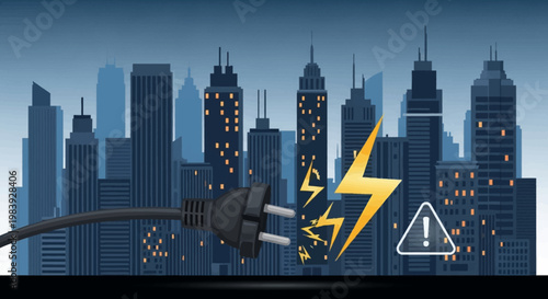 Electric shock danger is represented by a graphic illustration of an electrical plug sparking against a cityscape background, rendered with a flat, vector style and a cool blue color