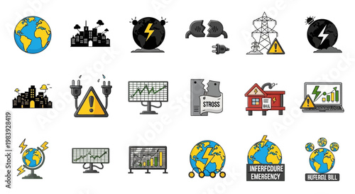 A flat vector illustration presents a collection of global energy crisis icons against a white backdrop, conveying a serious mood through its imagery of electrical hazards