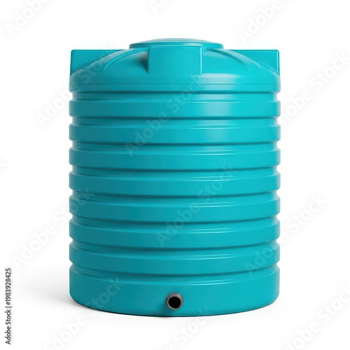Large turquoise water storage tank with ribbed design and single outlet valve.