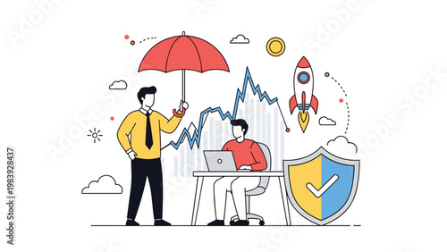 Business insurance concept shows a man holding an umbrella to protect a coworker from volatile market fluctuations.