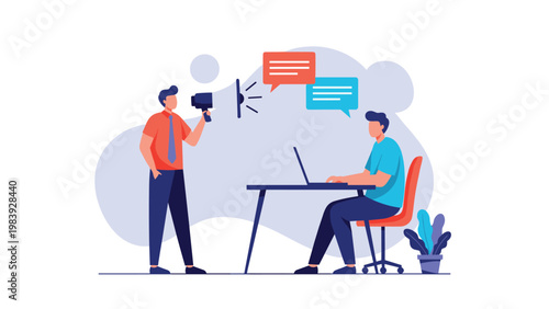 Manager uses a megaphone to communicate urgent messages to a focused office worker sitting at a computer desk.