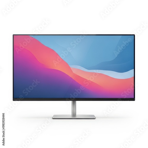Modern computer monitor displaying vibrant abstract background on sleek metal stand