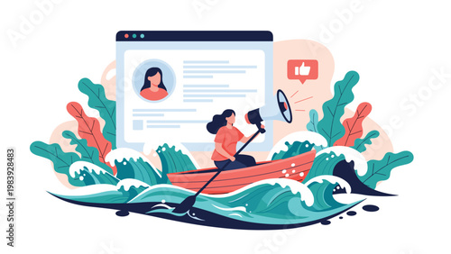 Determined woman rows a small boat through turbulent waves while using a megaphone to promote her personal brand across various social media channels.