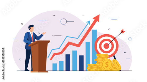 Successful entrepreneur gives a motivational speech from a podium featuring rising market trends and achievement of financial goals with coins.