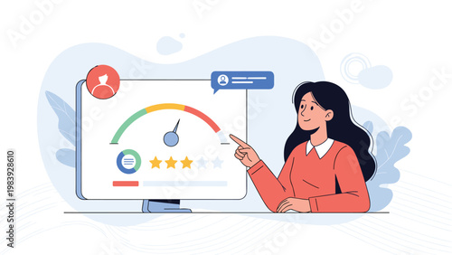 Happy woman reviews her positive credit score and financial performance on a computer screen while pointing at a colorful gauge with five stars.