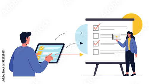 Team of professionals uses a digital tablet to review and update a large task checklist on a whiteboard during a collaborative project meeting.