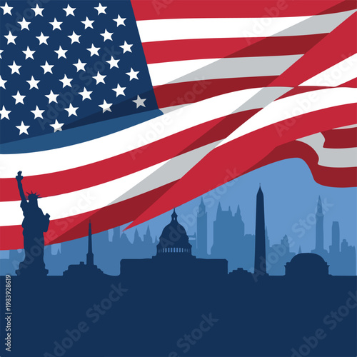 American flag waving in the wind.