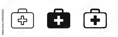 First aid kit icon set with cross, medical briefcase symbols in thin line, solid and hand drawn styles