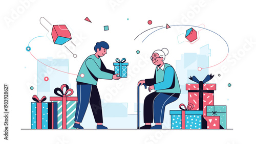Kind young man presents a blue gift box to an elderly woman sitting among many colorful presents during a heartwarming holiday celebration scene.