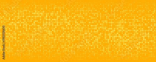 Yellow orange halftone background. Retro comic gradient background. Square pixilated dots cartoon texture. Pop art faded gradient pattern. Vector backdrop.