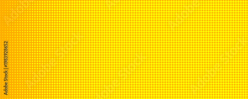Yellow orange halftone background. Retro comic gradient background. Square pixilated dots cartoon texture. Pop art faded gradient pattern. Vector backdrop.