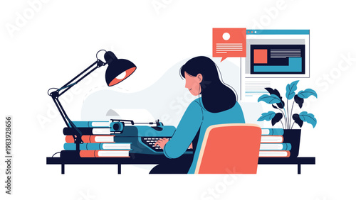 Dedicated female writer works at her desk typing on a classic typewriter while surrounded by stacks of books and a modern computer monitor.