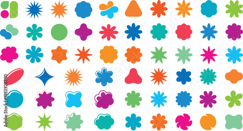 Colorful flower and starburst shapes in various colors and designs on white background