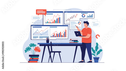 Creative analyst works at his desk while interacting with multiple floating data dashboards and financial charts for business strategy development.