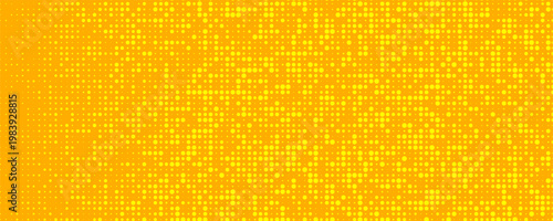 Yellow orange halftone background. Retro comic gradient background. Square pixilated dots cartoon texture. Pop art faded gradient pattern. Vector backdrop.