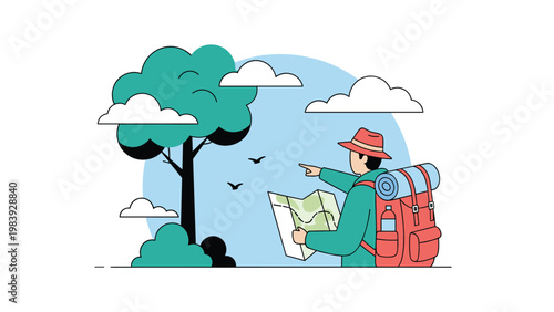 Adventurous hiker with a red backpack points towards a distant destination while checking a paper map during an outdoor trek in a lush forest.