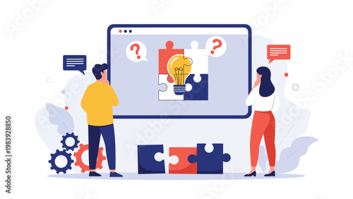 Thinking man and woman look at a large screen with a jigsaw puzzle and lightbulb icon while trying to find a creative solution to a problem.