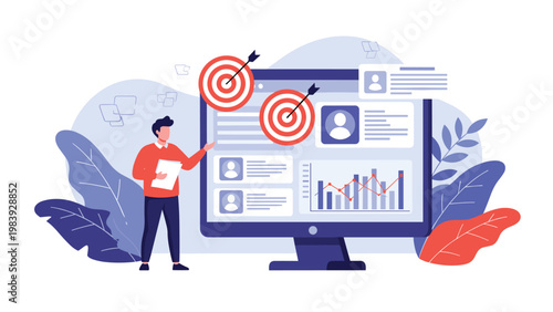 Marketing manager presents a data driven growth strategy on a large monitor to target specific customer personas and improve business metrics.